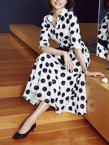 Slim Black And White Dot Long Dress With Big Swing