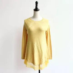 Women Long Sleeve Lace Stitching Pure Color Knitted Sweaters