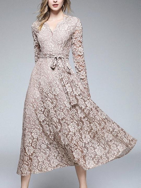 Lace-up Dress Autumn V-neck Lace Dress Banquet Swing Dress