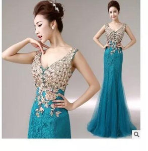 V-Neck Applique Mermaid Evening Dress