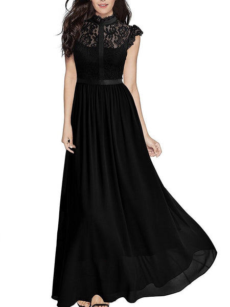 Three Solid Colors Lace Chiffon Maxi Dress Evening Party Dress