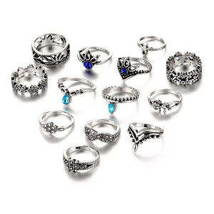 13 pcs/set bohemia silver color knuckle rings set flower leaf pattern jewelry blue rhinestone rings accessories for Xmas