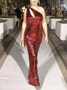 Mermaid Sequin Evening Dress Female Slanted One-Shoulder-Off Backless Mopping Dress