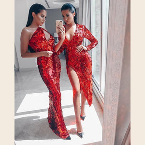 Mermaid Sequin Evening Dress Female Slanted One-Shoulder-Off Backless Mopping Dress