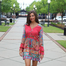 Load image into Gallery viewer, Boho Red Floral Print Flare Sleeve Mini Dress