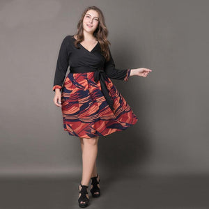 Large size women s new dress printed V-neck pleated pleated skirt