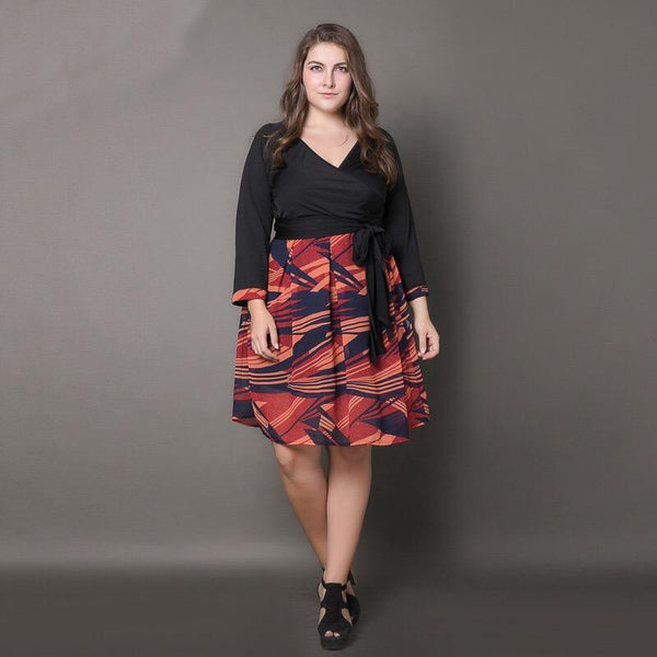 Large size women s new dress printed V-neck pleated pleated skirt