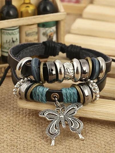 1PCS Fashion Women Men Vintage Multilayer Butterfly Wood Bead Leather Braided Strand Bracelet