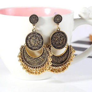 3 Colors Bohemian Indian Antique Moon Shape Carved Flower Tassels Earrings