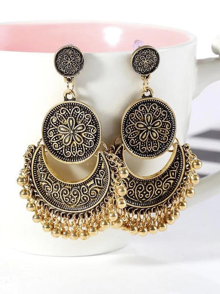 3 Colors Bohemian Indian Antique Moon Shape Carved Flower Tassels Earrings
