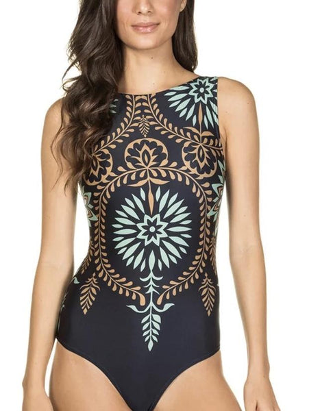 Retro print one-piece women swimsuit Sexy stretch female bodysuit