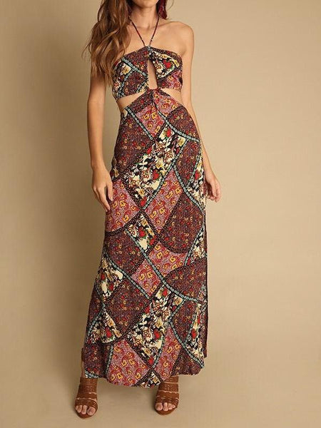 Holiday style floral beach skirt hanging neck long dress print halter skirt