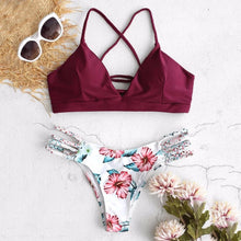 Load image into Gallery viewer, Solid Color Top Floral Bottom Bikini Cut Flowers Two Piece Swimsuit Push up Swimwear Beachwear swimming suit
