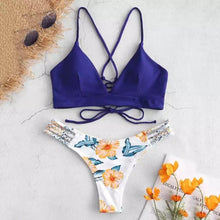 Load image into Gallery viewer, Solid Color Top Floral Bottom Bikini Cut Flowers Two Piece Swimsuit Push up Swimwear Beachwear swimming suit