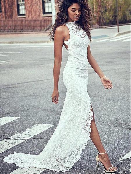 White Round Neck Lace Sleeveless Long Dress Slim Mopping Dress