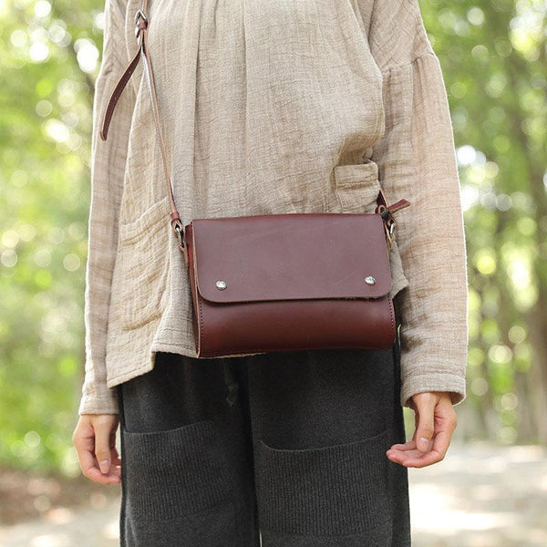 Vintage Cowhide Two Magnetic Buckles Red Brown Shoulder Bag For Women