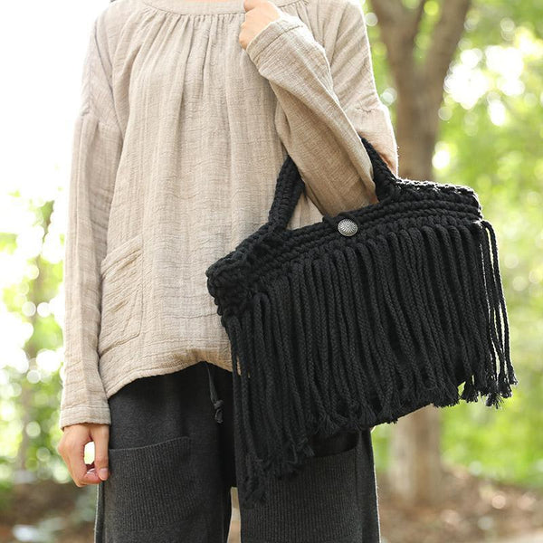 Delicate Cotton Linen Knitted Black And White Two Colors Tassel Handbag