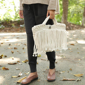 Delicate Cotton Linen Knitted Black And White Two Colors Tassel Handbag