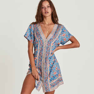 Jastie V-Neck Short Sleeve Summer Dress Boho Floral Print Mini Dresses Button Front Chic Women Dress Casual Beach Dresses