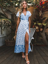 Load image into Gallery viewer, Jastie Vintage Floral Print Maxi Dress Summer Short Sleeve V-Neck Wrap Dresses Casual Beach Long Dress Boho Chic Women Vestidos