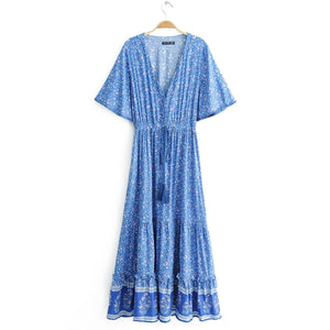 Jastie Vintage Print Maxi Dress Waist tie Ruffle Hem Boho Dresses Women Beach Long Dresses V-Neck Short Sleeve Summer Dress