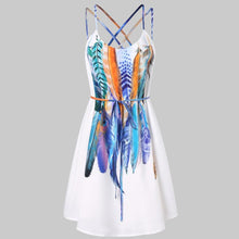 Load image into Gallery viewer, Women Casual Printed Feathers Pattern Dress Cami Strap Loose Sashes fashion Mini dress women
