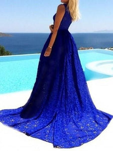 Blue Round Neck Sleeveless Evening Long Dress