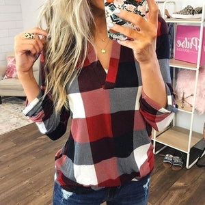 Women Plaid Blouse Plus Size Shirt Long Sleeve Tunic Tops