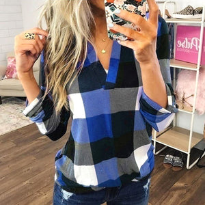 Women Plaid Blouse Plus Size Shirt Long Sleeve Tunic Tops