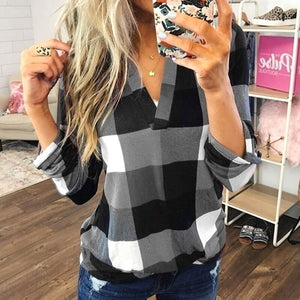 Women Plaid Blouse Plus Size Shirt Long Sleeve Tunic Tops