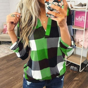 Women Plaid Blouse Plus Size Shirt Long Sleeve Tunic Tops