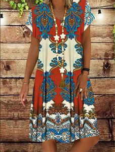 Summer Women V-neck Print Vintage Short Sleeve Party Dress