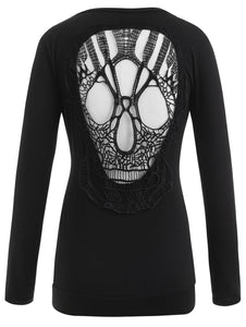 Long Sleeve Cutout Skull T-Shirt Women Lace Patchwork Backless Tshirts Ladies Clothing Sexy Tops T-shirts Black Tees