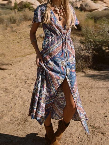 Bohemian Floral V-neck Split Beach Long Dress