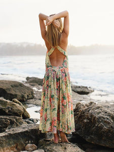 Floral Round Neck Backless Backless Maxi Dresses