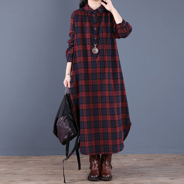 New Spring Autumn Shirt Dress Vintage Loose Cotton Long Dress Vestidos Robe D ETE Femme Literary Plaid Woman Dress