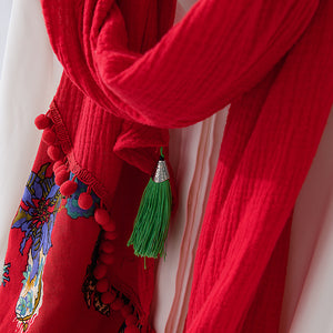 Ethnic scarf ladies retro Tibetan style stitching tassel spring and autumn cotton and linen red scarf shawl