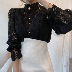 French Loose Chic Button Heavy Lace Cutout Flower Panel Long Sleeve Stand Collar Shirt