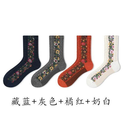 Retro socks women's tube socks ethnic style literary forest floral Japanese pile stockings stockings