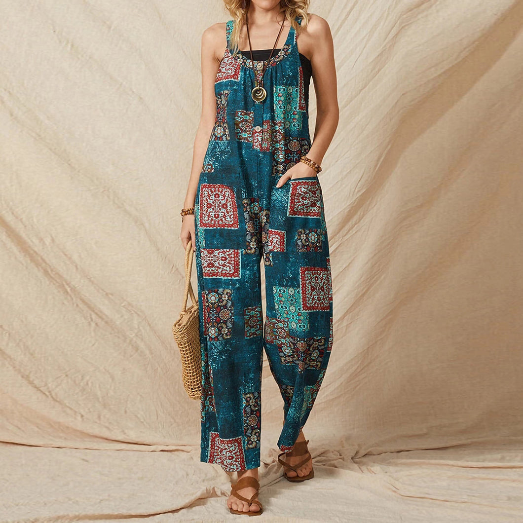 Women's loose print suspenders vintage casual cotton linen jumpsuit