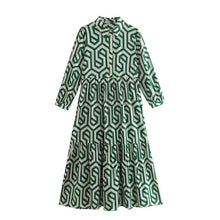 Load image into Gallery viewer, Women&#39;s Long Sleeve Lapel Green Geometric Print Shirt Dress