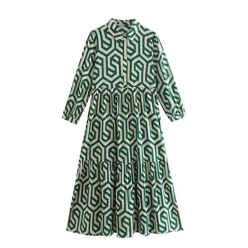 Women's Long Sleeve Lapel Green Geometric Print Shirt Dress