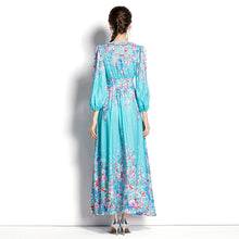 Load image into Gallery viewer, Spring and autumn V-neck long sleeves temperament, ruffled lace balloon sleeves, long print waist dress