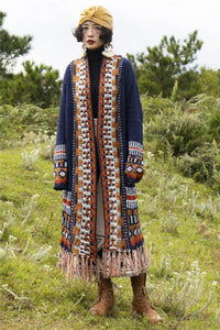 Bohemian fringed cardigan ethnic style mid-length sweater loose knitted coat