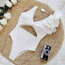 Load image into Gallery viewer, Solid color one shoulder ruffle one-piece swimsuit women&#39;s backless triangle white swimsuit