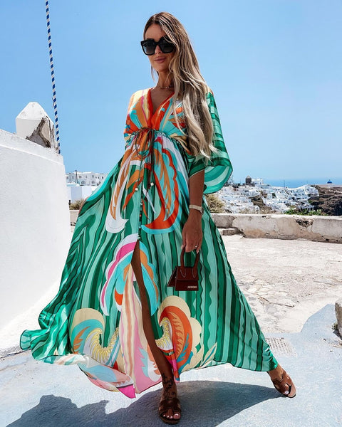 V-neck short sleeve print swing long dress