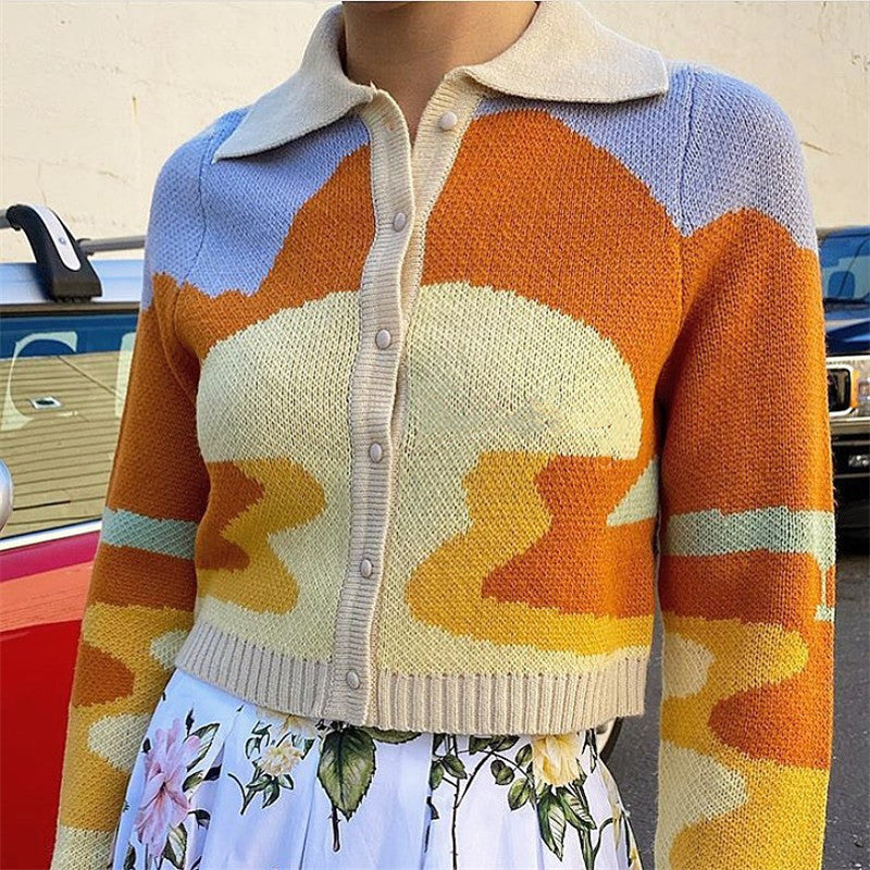 Short knit sweater women Polo collar loose coat cardigan top