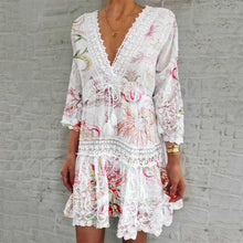 Load image into Gallery viewer, V-neck print seven-sleeve hollow sexy dress