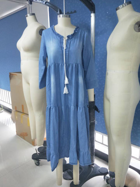 2710# Seven-quarter Sleeve Long Washing Cowboy Dress