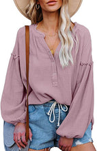 Load image into Gallery viewer, Solid color mosaic lantern sleeve button V-neck casual shirt woman
